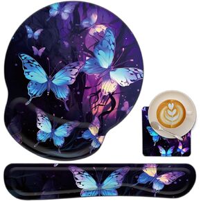 Keyboard Wrist Rest and Mouse Wrist Rest Pad with Coffee Coaster, Non Slip PU Base Wrist Support with Ergonomic Raised Memory Foam for Easy Typing & Pain Relief,Art Butterflies