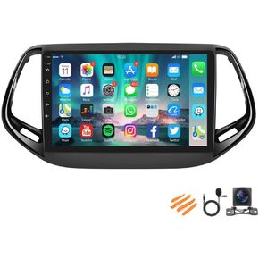 10 inch Car Stereo with Carplay Android Auto fit for Jeep Compass 2017-2019 Double Din Android 12.0 Touch Screen Car Radio Receiver w/WiFi GPS Navigation Bluetooth Backup Camera - 2+32G