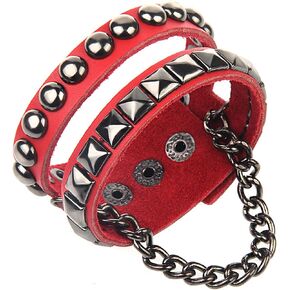 Mens Womens Punk Rock Pyramid Rivet Studded Chain Wide Pu Leather Cuff Bracelet