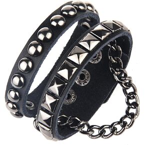 Mens Womens Punk Rock Pyramid Rivet Studded Chain Wide Pu Leather Cuff Bracelet