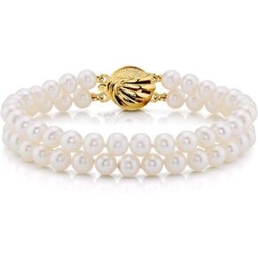 The Pearl Source Yellow Gold Plated AAAA Quality Round White Freshwater Cultured Pearl Double Strand Bracelet for Women