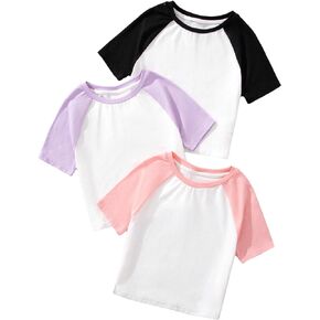 OYOANGLE Girl's 3 Pack Color Block Short Sleeve Crew Neck T-Shirts Set Summer Crop Tee Tops