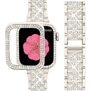 SUPOIX Compatible with Apple Watch Band 45mm + Case, Women Jewelry Bling Diamond Metal Strap & 2 Pack Protective Cover Cases for iWatch Series 9/8/7(Silver)