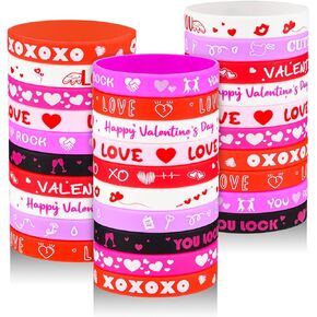 30Pcs Valentines Day Rubber Bracelet Bulk Colorful Valentine's Day Silicone Wristbands for Women and Kids Valentine Party Favors Supply Classroom gifts