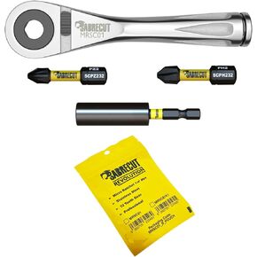 4 Piece SabreCut MRSC01K1 Mini Micro Ratchet 1/4" Hex Stainless Steel Professional 72 Tooth Gear Hand Ratchet Wrench with 1 7/64" PH2 PZ2 Screwdriver Bits and a Magnetic 2 23/64" Impact Bit Holder