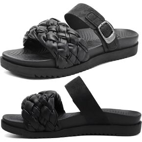 صنادل KuaiLu النسائية المسطحة الأنيقة المريحة المصنوعة من الجلد بحزام مضفر صيفي قابل للتعديل مفتوح من الأمام ووسادة لتقويم العظام للسيدات خفيفة الوزن مع دعم قوس التهاب اللفافة الأخمصية in Kuwait