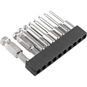 9Pcs Ball End Hex Head Screwdriver Bits Set, 1.5mm 2mm 2.5mm 3mm 4mm 5mm 6mm 8mm 10mm Magnetic Tips Ball End Drill Bit Magnetic with 1/4 Inch Hex Shank, 50mm Length