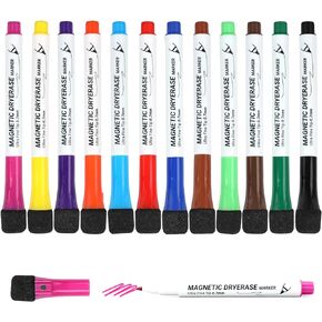 EEOYU Ultra Fine Tip Magnetic Dry Erase Markers, 12 Count Colorful Fine Point 0.7mm, Whiteboard Markers with Erasers Cap for School, Office and Home (12 Color)