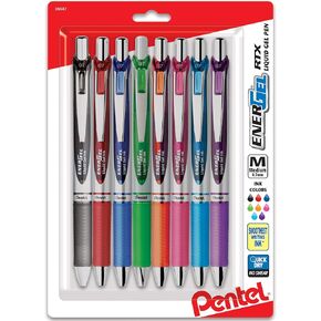 Pentel EnerGel RTX Retractable Liquid Gel Pen, (0.7mm) Metal Tip, Medium Line,Assorted Ink, 8-Pk (BL77BP8M1)