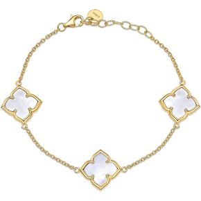 Lavari Jewelers Black Onyx, Malachite or Mother of Pearl Four Petal Flower Link Bracelet for Women in 925 Sterling Silver with Yellow Gold Plating Adjustable 7.25 Inches Long Lobster Claw Clasp