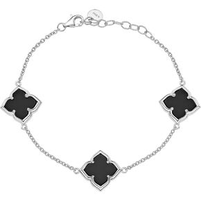 Lavari Jewelers Black Onyx, Malachite or Mother of Pearl Four Petal Flower Link Bracelet for Women in 925 Sterling Silver with Yellow Gold Plating Adjustable 7.25 Inches Long Lobster Claw Clasp