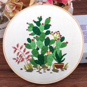 Embroidery Starter Kits with Cactus Pattern and Instructions, Plastic Embroidery Hoops,Threader,Color Threads and Needles,Embroidery Kit for Beginners