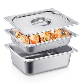 Ferraycle 3 Pack Half Size 6 Inch, 8 Inch Hotel Pan with Lid Set Include Pan Perforated Steam Pan Steam Table Pan Cover Restaurant Supplies for Kitchen, Steam Table Tray for Food Warmer