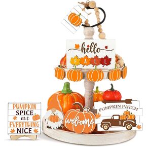 11 Pieces Fall Tiered Tray Decor Set Thanksgiving Pumpkin Maple Leaves Gnome Wood Sign Hello Fall Rustic Farmhouse Wood Bead Decorative Tabletop Signs for Autumn Thanksgiving Day Table Holiday