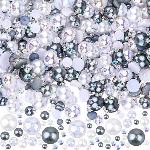 75g Mixed Half Pearls Flatback Pearls Rhinestones for Crafts DIY, Nail Face Art Decoration Shoes Clothes Scrapbooking, 2-10mm (Grey White) in Saudi Arabia