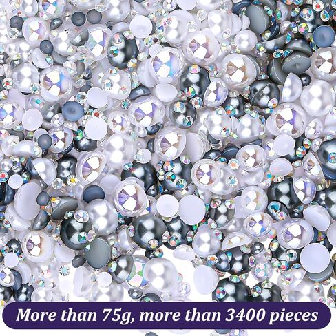 75g Mixed Half Pearls Flatback Pearls Rhinestones for Crafts DIY, Nail Face Art Decoration Shoes Clothes Scrapbooking, 2-10mm (Grey White) in Saudi Arabia