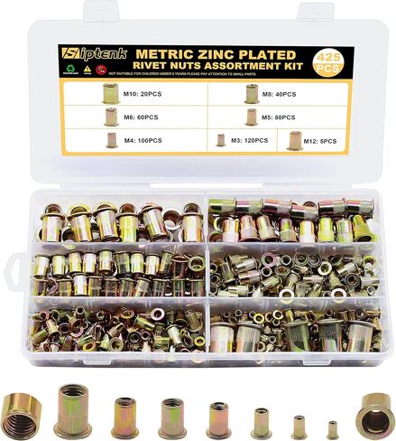مجموعة صواميل البرشام SAE 425 قطعة، 6-32 8-32 10-24 1/4"-20 5/16"-18 3/8"-16 1/2"-13 مجموعة متنوعة من الفولاذ الكربوني المطلي بالزنك برأس مسطح in Kuwait