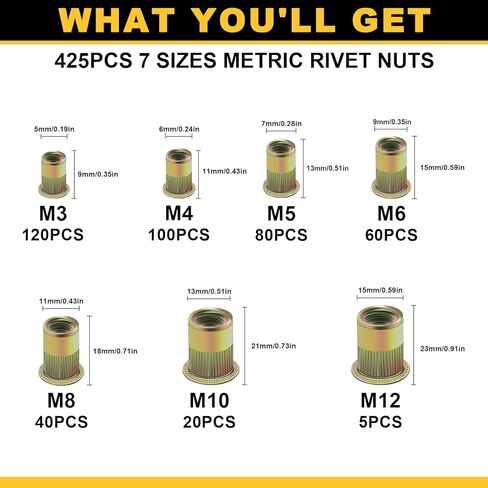 مجموعة صواميل البرشام SAE 425 قطعة، 6-32 8-32 10-24 1/4"-20 5/16"-18 3/8"-16 1/2"-13 مجموعة متنوعة من الفولاذ الكربوني المطلي بالزنك برأس مسطح in Kuwait