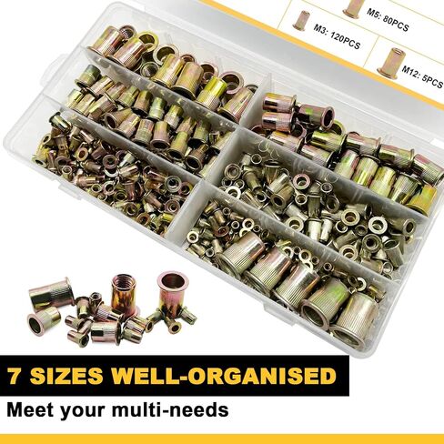 مجموعة صواميل البرشام SAE 425 قطعة، 6-32 8-32 10-24 1/4"-20 5/16"-18 3/8"-16 1/2"-13 مجموعة متنوعة من الفولاذ الكربوني المطلي بالزنك برأس مسطح in Kuwait