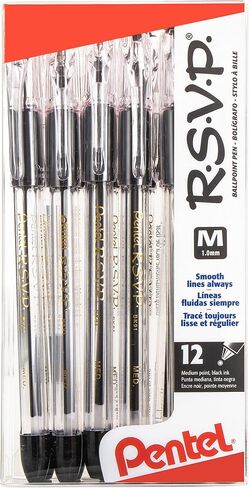 Pentel(R R.S.V.P.(R) Ballpoint Pens, 1.0 mm, Medium Point, Clear Barrel, Black Ink, Pack Of 12, BK91-A in Saudi Arabia