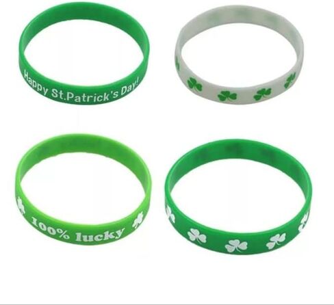 أساور عيد القديس باتريك الأساور المطاطية سوار شامروك من السيليكون لتزيين الحفلات الأيرلندية للنساء والرجال (A-Green 4PCS) in Kuwait