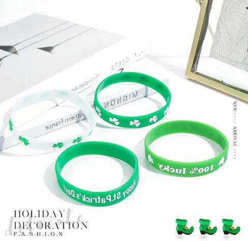 أساور عيد القديس باتريك الأساور المطاطية سوار شامروك من السيليكون لتزيين الحفلات الأيرلندية للنساء والرجال (A-Green 4PCS) in Kuwait