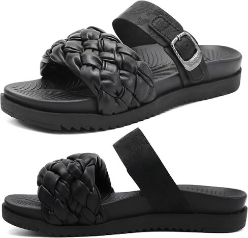 KuaiLu Womens Dressy Flat Sandals Comfortable Fashion Leather Braided Strap Summer Adjustable Open Toe Cushion Orthotic ladies Lightweight Sandals with Plantar Fasciitis Arch Support in Kuwait