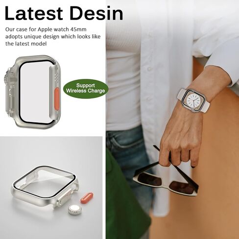 Miimall Compatible for Apple Watch Series 7/8/9/ Case 45mm with Built-in Screen Protector Tempered Glass, Hard PC Full Coverage Screen Cover Case for iWatch 45mm Series 7/8/9 Grey in Saudi Arabia