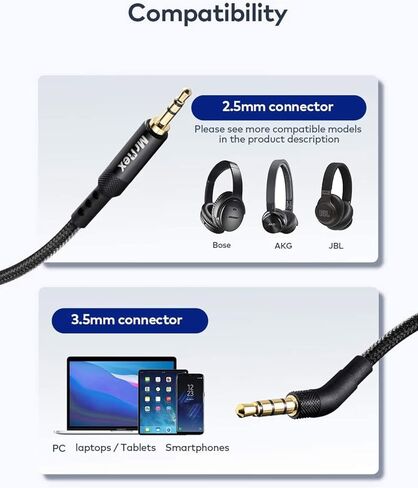 سلك بديل لسماعات Bose 700 QC25 QC35II QC35 QC45، سماعة JBL Everest 300 650BTNC E55BT، كابل صوت Aux 2.5 مم إلى 3.5 مم [عبوتان، 5 أقدام مضفرة من النايلون مع ميكروفون + 5 أقدام TPE بدون ميكروفون] in Kuwait