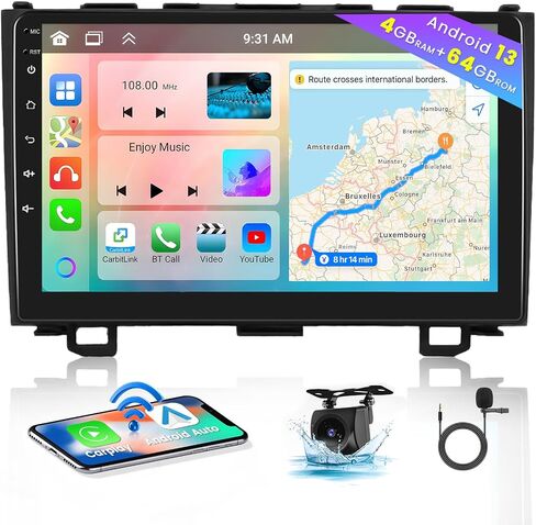 ستيريو سيارة Hikity لسيارة Honda CRV 2007-2011 راديو مع Apple Carplay Android Auto 9 بوصة HD شاشة تعمل باللمس بلوتوث/FM/كاميرا احتياطية in Kuwait