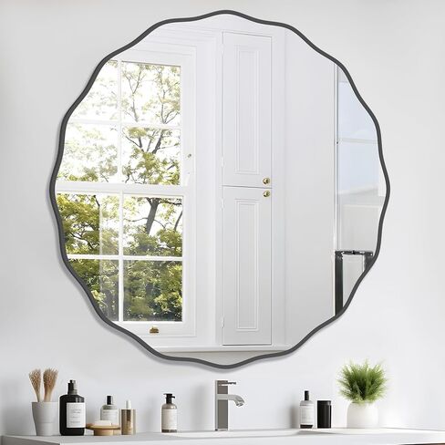 32 Inch Wavy Round Wall Mirror - Modern Decorative Circle Mirror for Bathroom, Bedroom, Living Room, Nursery, Office Entryway - Natural Wood Frame in Kuwait