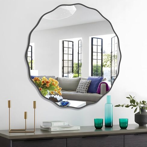 32 Inch Wavy Round Wall Mirror - Modern Decorative Circle Mirror for Bathroom, Bedroom, Living Room, Nursery, Office Entryway - Natural Wood Frame in Kuwait