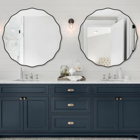 32 Inch Wavy Round Wall Mirror - Modern Decorative Circle Mirror for Bathroom, Bedroom, Living Room, Nursery, Office Entryway - Natural Wood Frame in Kuwait
