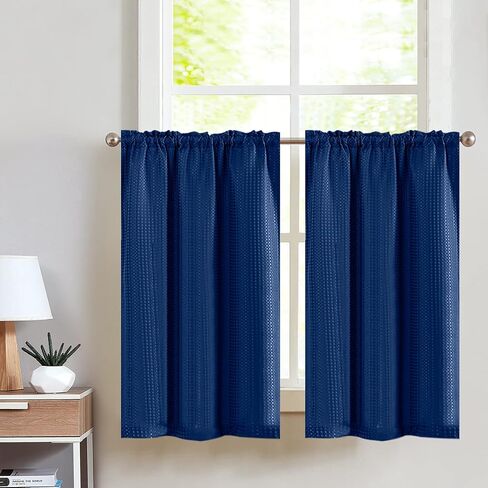 Lazzzy Kitchen Curtains Cafe Curtains Black Waffle Textured Tier Curtains for Bathroom 24 Inch Length Window Curtain Set for Living Room Bedroom Blackout Drapes Rod Pocket 2 Panels in Saudi Arabia