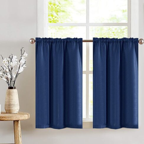 Lazzzy Kitchen Curtains Cafe Curtains Black Waffle Textured Tier Curtains for Bathroom 24 Inch Length Window Curtain Set for Living Room Bedroom Blackout Drapes Rod Pocket 2 Panels in Saudi Arabia