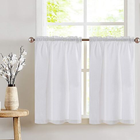 Lazzzy Kitchen Curtains Cafe Curtains Black Waffle Textured Tier Curtains for Bathroom 24 Inch Length Window Curtain Set for Living Room Bedroom Blackout Drapes Rod Pocket 2 Panels in Saudi Arabia