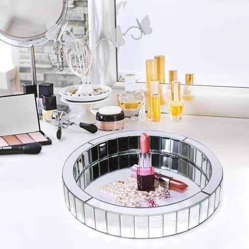 Silver Mirror Decorative Tray, Round Crushed Diamond Tray Mirrored Vanity Organizer with Hand, Markup Perfume Jewelry Tray for Bathroom Bedroom Dresser Coffee Table (11"x11"x2") in Saudi Arabia