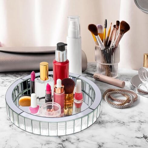 Silver Mirror Decorative Tray, Round Crushed Diamond Tray Mirrored Vanity Organizer with Hand, Markup Perfume Jewelry Tray for Bathroom Bedroom Dresser Coffee Table (11"x11"x2") in Saudi Arabia