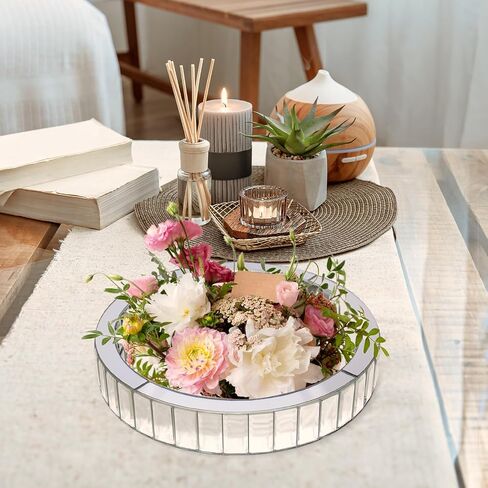 Silver Mirror Decorative Tray, Round Crushed Diamond Tray Mirrored Vanity Organizer with Hand, Markup Perfume Jewelry Tray for Bathroom Bedroom Dresser Coffee Table (11"x11"x2") in Saudi Arabia