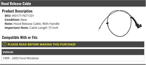 Hood Release Cable - with Handle - 73 Inch - Compatible with 1999-2003 Ford Windstar in Saudi Arabia