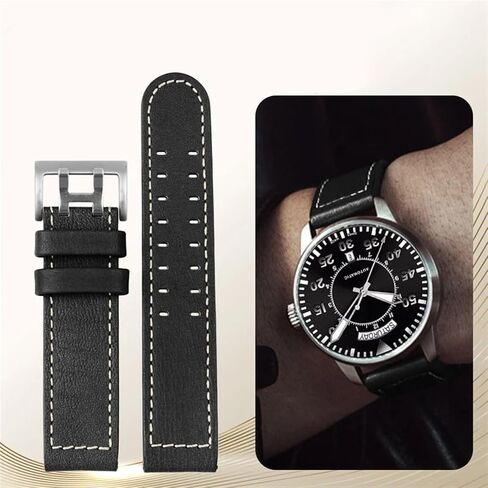 for Hamilton Khaki Aviation Watch H77616533 H70615733 Watch Strap Genuine Leather Jazz Field Men WatchBand 20 22 Military Style (Color : B Black Silver, Size : 22mm) in Saudi Arabia