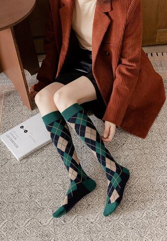 Argyle Knee High Socks for Women Vintage Long Tube Socks Halloween Party Costume Knee Highs Calf Stocking Sock in Saudi Arabia