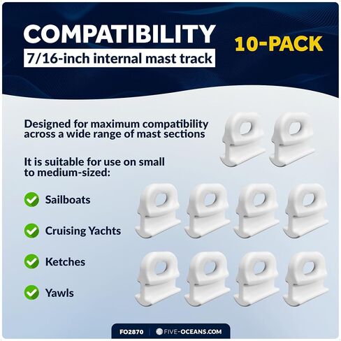 Five Oceans Sail Slide - Internal Track - 7/16-Inch (11mm) Internal Mast Track Slide, 10-Pack for Small to Medium-Sized Sailboats, Cruising Yachts, Ketches, and Yawls- FO2870 in Kuwait