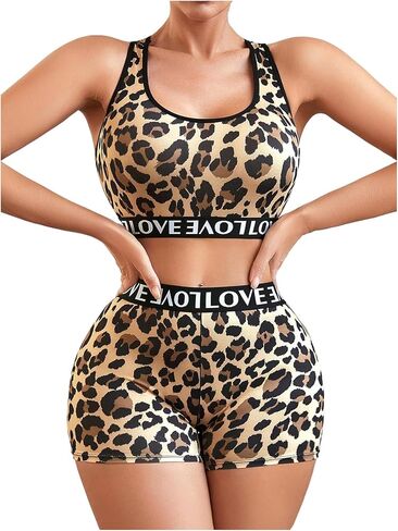 مريحة للسيدات 2 قطع الملابس الداخلية مجموعة Lingerie Leopard Letter Racerback و Boyshorts عالية الخصر in Saudi Arabia