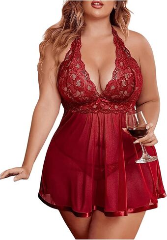 MakeMeChic Women's Plus Size Lingerie Set Floral Lace Scallop Trim Mesh Sheer Babydoll with Thongs in Saudi Arabia