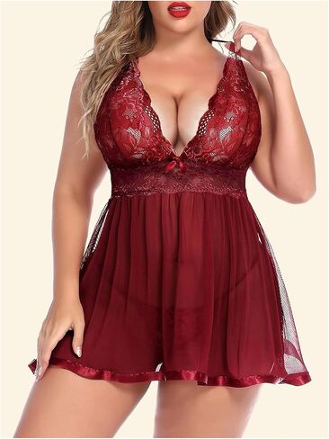 MakeMeChic Women's Plus Size Lingerie Set Floral Lace Scallop Trim Mesh Sheer Babydoll with Thongs in Saudi Arabia