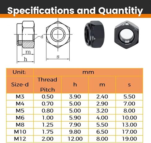 M6, Nylon Insert Hex Lock Nuts, 304 Stainless Steel, Black Finish, Coarse Thread, Machinery, Automotive, Outdoor, Wooden Furniture, 100 PCS in Saudi Arabia