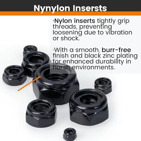 M6, Nylon Insert Hex Lock Nuts, 304 Stainless Steel, Black Finish, Coarse Thread, Machinery, Automotive, Outdoor, Wooden Furniture, 100 PCS in Saudi Arabia