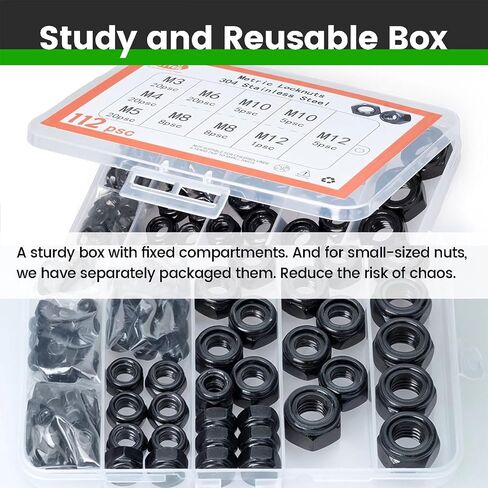 M6, Nylon Insert Hex Lock Nuts, 304 Stainless Steel, Black Finish, Coarse Thread, Machinery, Automotive, Outdoor, Wooden Furniture, 100 PCS in Saudi Arabia