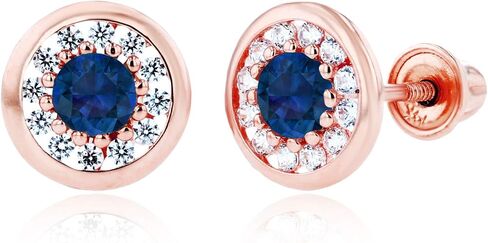 Solid 14K Gold 7mm Circle Natural Birthstone Screwback Stud Earrings For Women | 3mm Birthstone | 1mm Created White Sapphire Pave Screwback Earrings For Women in Kuwait